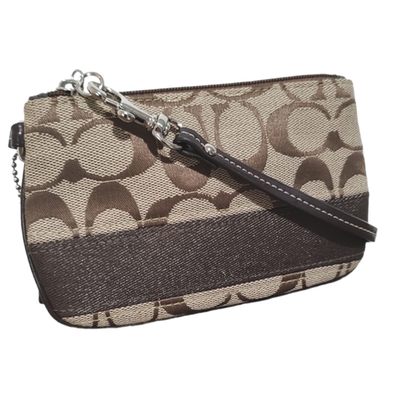 COACH Signature Stripe Small Wristlet Wallet Khaki Mahogany Brown F47790 - Picture 6 of 11